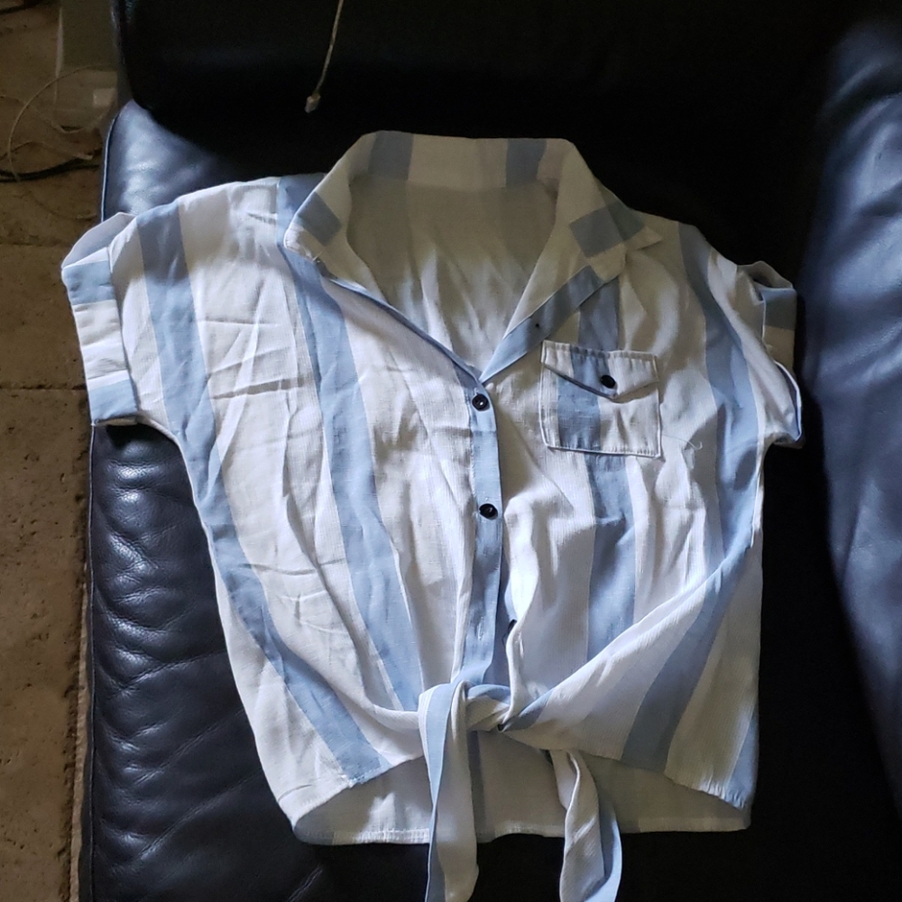 Blue and white striped button up shirt